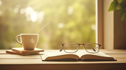 A Light colored books on a wooden table with a cup of coffee. reading glasses and a notebook and pen. Soft sunlight streams through the window. This creates a warm glow in the scene.