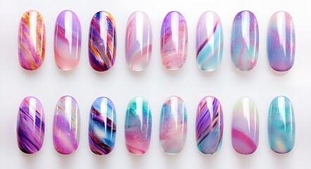 Collection of artificial nails with beautiful purple art. generative AI