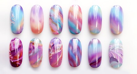 Collection of artificial nails with beautiful purple art. generative AI