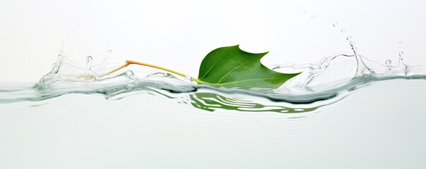 Fresh Green Leaves Splashing Gently Into Calm Water Against a White Background