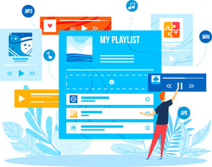 Man organizing digital music interface with audio icons. Modern music playlist concept with user interaction vector illustration.
