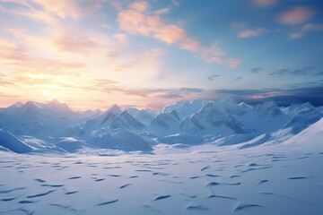 Beautiful aerial landscape of mountain peak at sunset above the clouds - panoramic Generative AI