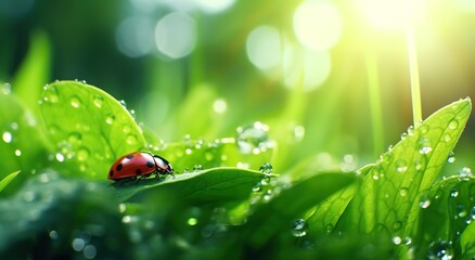 A ladybug on a green leaf with clear water splashes on it. generative AI