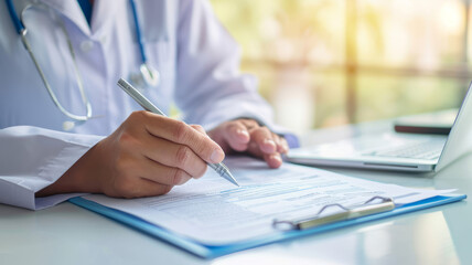 Doctor writing survey, insurance and claim form for medical paperwork, document and script for patient records