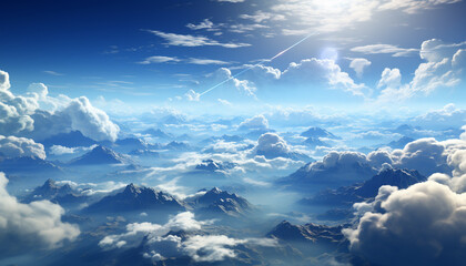 Fluffy cumulus clouds float high above the tranquil mountain peak generated by AI