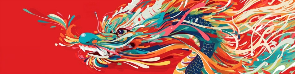A panoramic Chinese style traditional fiery red Dragon. Chinese New Year Zodiac sign, Year of the Dragon illustration background banner poster format. Generative AI