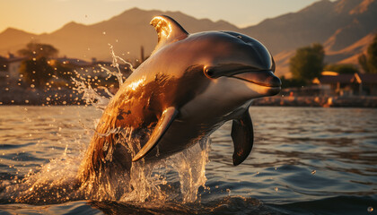 Playful dolphin splashing in the blue water at sunset generated by AI