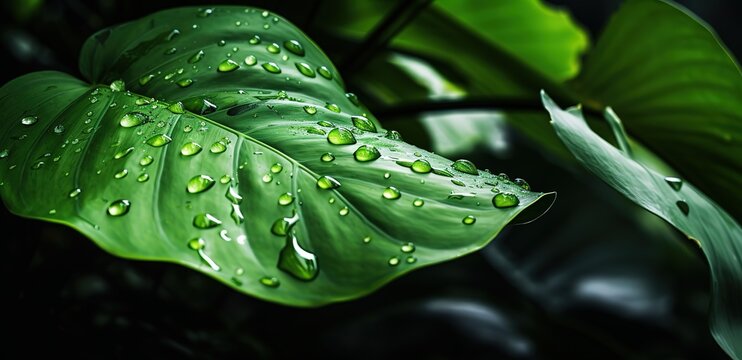 Green leaves with clear water drops on them. generative AI