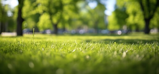 A stretch of green grass in a photo in a park. generative Ai