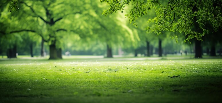 A stretch of green grass in a photo in a park. generative Ai
