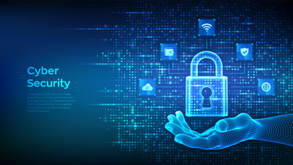 Cyber security. Data Protection. Internet network security technology concept. Padlock. Lock icon in wireframe hand. Cybersecurity icons connections. Binary code background. Vector Illustration.