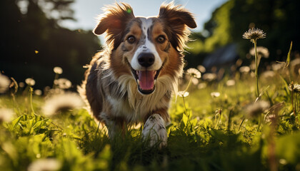 Cute puppy running in the grass, enjoying the sunny outdoors generated by AI - obrazy, fototapety, plakaty