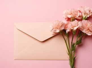 Envelope with pink flower decoration on the side. generative AI