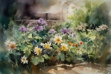 Watercolor painting of flowers in a garden. Generative AI