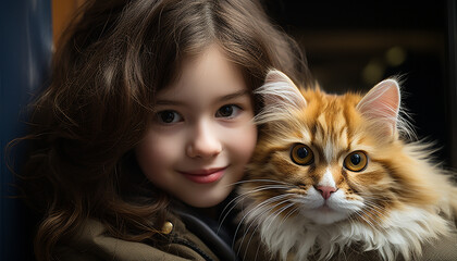 Cute small pets, animal portrait, looking child smiling, caucasian ethnicity generated by AI