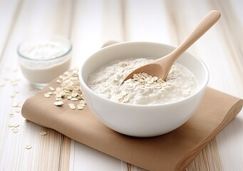 Oatmeal in a white bowl with strawberries decorated on the side. generative AI