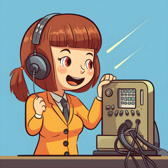 illustration of a cute cartoon-style woman working with an intercom