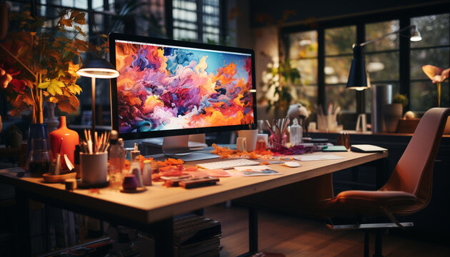 Modern office desk with computer monitor, vibrant colors, and creative decor generated by AI