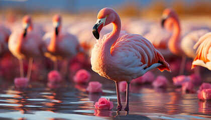 A vibrant group of multi colored birds wading in a tropical pond generated by AI