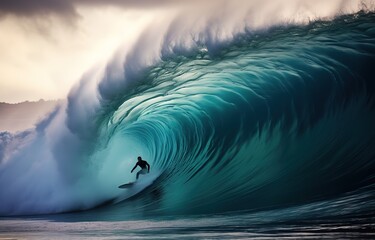 A person who is surfing a big ocean wave. generative Ai - obrazy, fototapety, plakaty