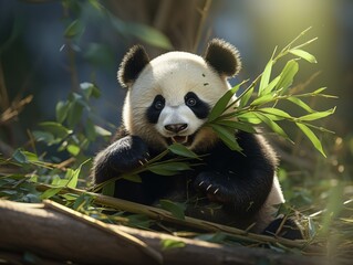 baby panda eating bamboo