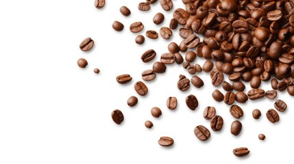 A Close-up view of coffee beans on a white isolated transparent background.