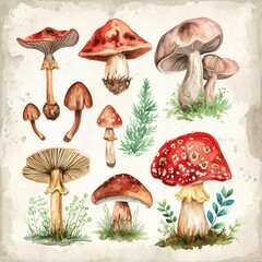 Watercolor Mushrooms Clipart, colorful, various variations