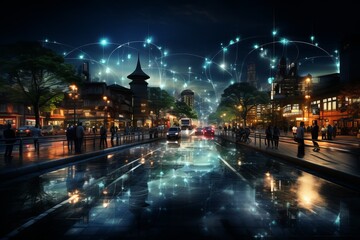 Fototapeta na wymiar AI-driven public Wi-Fi network providing seamless connectivity throughout a smart city, Generative AI