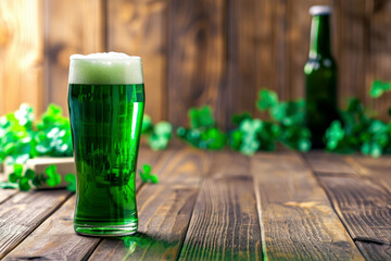 Glass of green beer on table, st patricks day concept. Ai generative