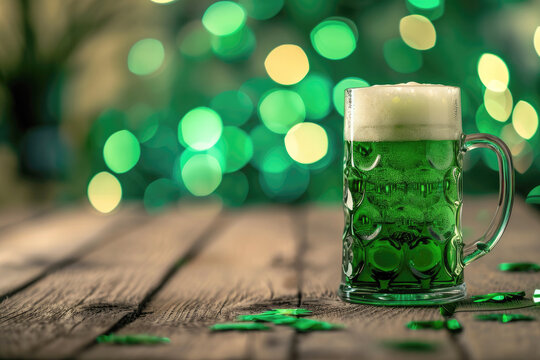 Glass of green beer on table, st patricks day concept. Ai generative