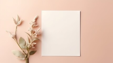 Blank greeting or invitation card mockup with botanical decor on beige background . Generative Ai