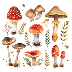 Various vibrant watercolor mushroom clipart with different color variations