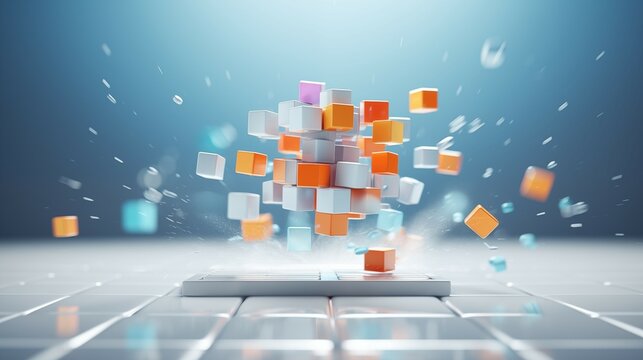 A tablet with a bunch of cubes coming out of it. 