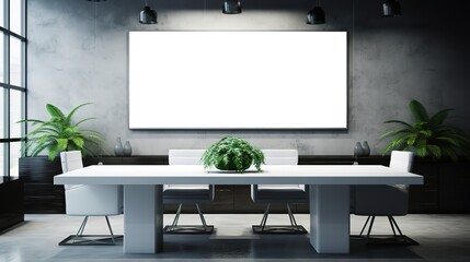 An empty room. A large empty white board, white table and chairs and a green plant decoration in the middle. generative AI