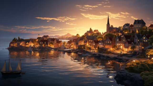 Dreamlike coastal town at sunset, the houses glowing with soft lantern light, reflected on the water's edge