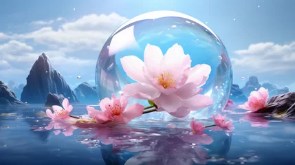 Gordijnen Pink flower sakura floating on a water  © Kei