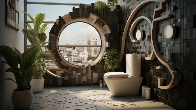 An artistic interpretation of a bathroom corner, with an open toilet seat and stylized, shadow-casting circular tiles on the walls, creating an urban chic atmosphere