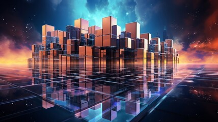 Digital 3d render of a futuristic cityscape built from metallic cubes and rectangles, illuminated by neon lights under a night sky