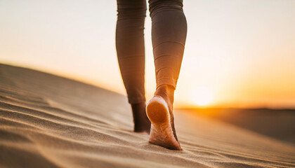 Woman's bare feet grace desert sands at sunset, embodying wanderlust and the warmth of summer exploration - obrazy, fototapety, plakaty
