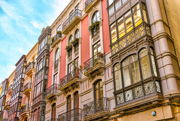 Obraz premium Bilbao, Spain - January 2, 2024: Architectural details of typical buildings in and around Bilbao, Spain 