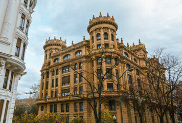 Fototapeta premium Bilbao, Spain - January 2, 2024: Architectural details of typical buildings in and around Bilbao, Spain 