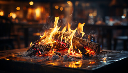 Glowing bonfire heats the night, cooking meat for gourmet meal generated by AI