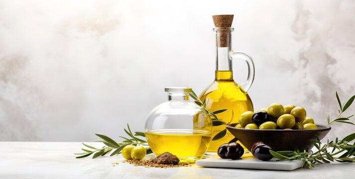 A bottle containing olive oil with fresh olives decorated on the side. generative AI