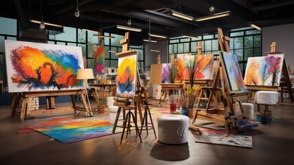 Modern art studio with the yarn as vibrant paint splatters on a large canvas, surrounded by brushes and easels