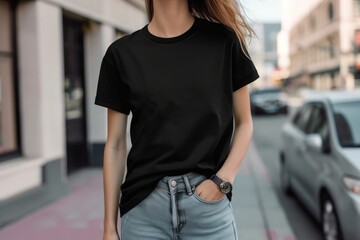 Obraz na płótnie Canvas a woman wearing Unisex t-shirt in a solid black color, fit and comfort, modern and stylish aesthetic. 