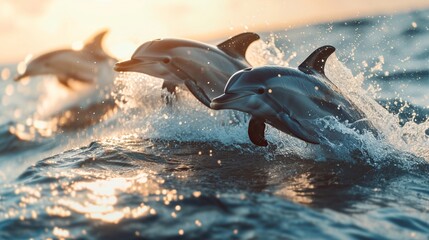 A group of playful dolphins leaping out of the crystal-clear ocean waters, surrounded by splashes and sunlight. Playful, ocean, daytime, marine life, digital. - obrazy, fototapety, plakaty