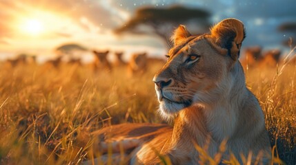 A majestic lioness in the savannah, basking in the warm morning sunlight with a pride of lions in the background. Majestic, savannah, morning, wildlife, digital.