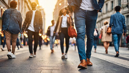 Dynamic urban pulse: Unseen faces stride purposefully in a bustling cityscape, emphasizing the rhythm of life through a focus on anonymous feet and legs