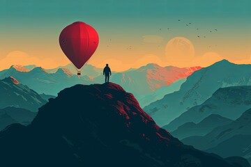 Person standing on cliff with hot air balloon in background - obrazy, fototapety, plakaty