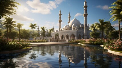 Naklejka premium Vibrant oasis with the mosque as the centerpiece, surrounded by lush greenery and a tranquil pond reflecting its beauty